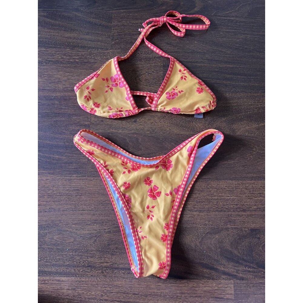 NWT SHEIN Bikini Set Small Orange Pink Floral Triangle Top & High Cut Bottoms Sw